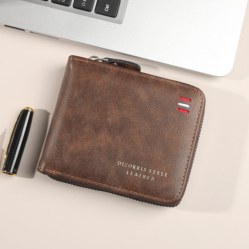 Men's Short Horizontal Zipper Vintage Cubic Men's Wallet
