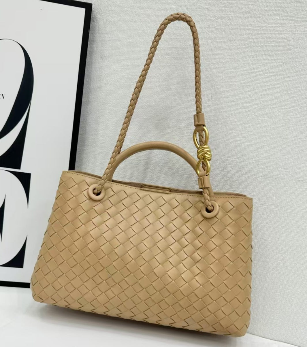 Women's Genuine Leather Metal Cord Fastener Woven Handbags