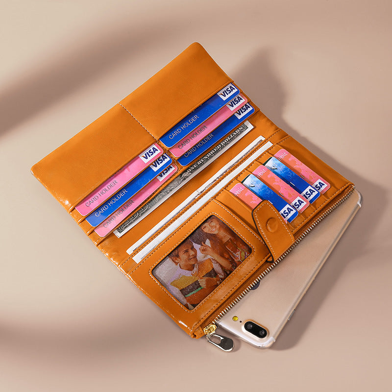 Quality Oil Wax Leather Long Multiple Slots Genuine Hand-held Multifunctional Purses