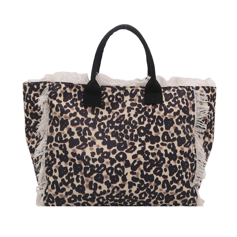 Capacity Leisure Leopard Print Canvas Printed Letter Commuter Portable Women's Shoulder Bag