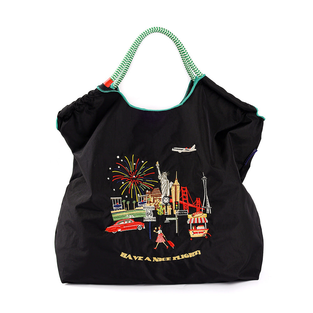 Women's Summer Needle Embroidery Nylon Large Capacity Shoulder Bags