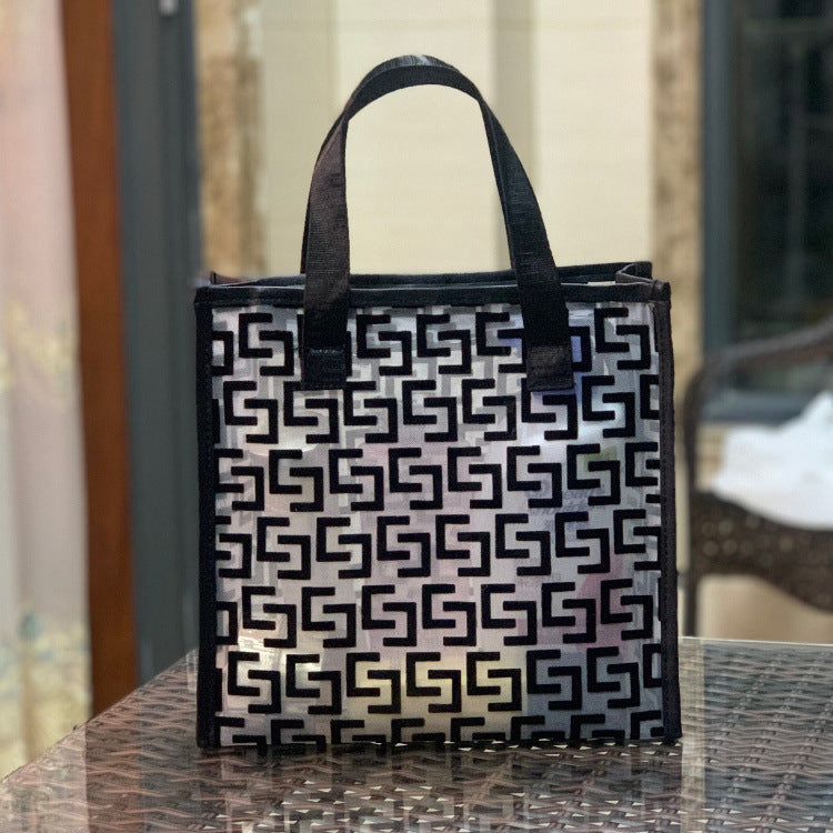 Women's Mesh Flocking Transparent Cutout Large Capacity Handbags