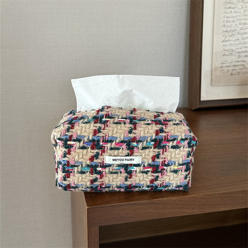 Style Pink Checked Cloth Knitted Tissue Box Home Bedroom Living Makeup Bag