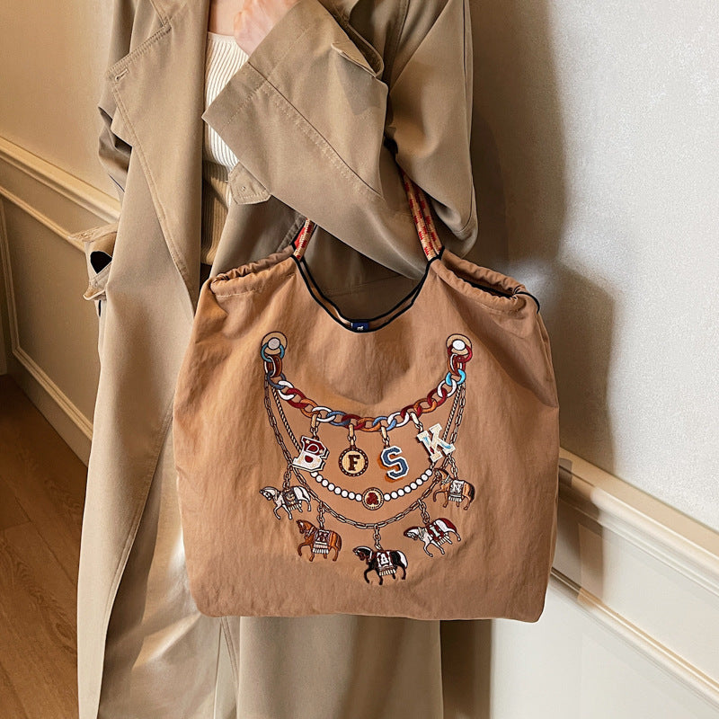 Large Capacity Blue Bottle Embroidered Canvas Leisure Embroidery Handbags