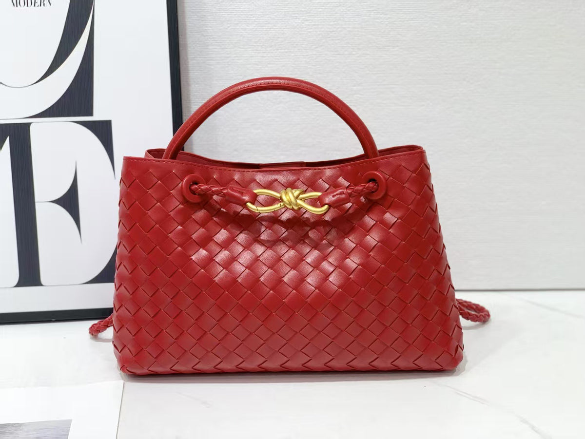 Women's Genuine Leather Metal Cord Fastener Woven Handbags