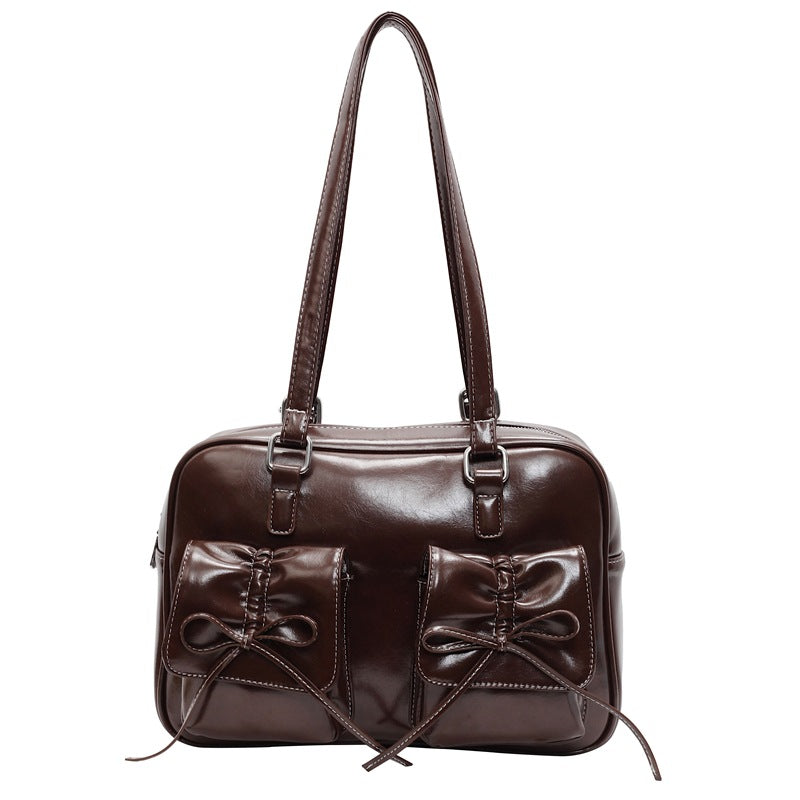 Women's Vintage Bow Simple Texture Big Pleated Bags