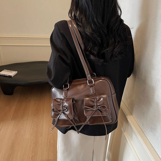 Women's Vintage Bow Simple Texture Big Pleated Bags