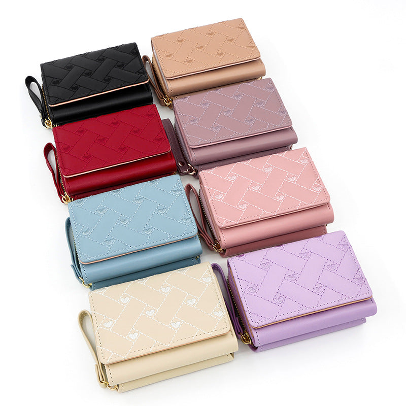 Women's Korean Style Sweet Heart-shaped Embroidered Short Zipper Clutch Solid Color Ladies Wallet