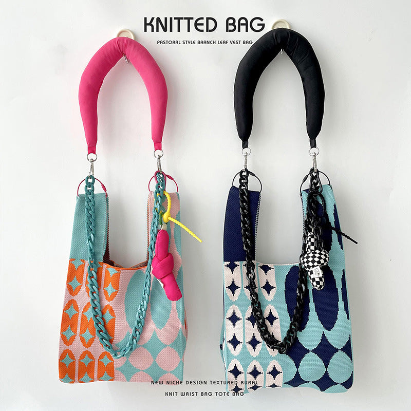 Women's Contrast Color Dot Knitted Large Capacity Shoulder Bags