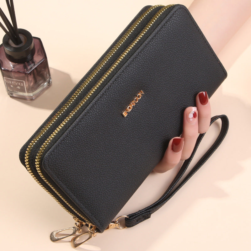 Women's Double Long Zipper Clutch Fashion Simple Lychee Pattern Large Ladies Wallet