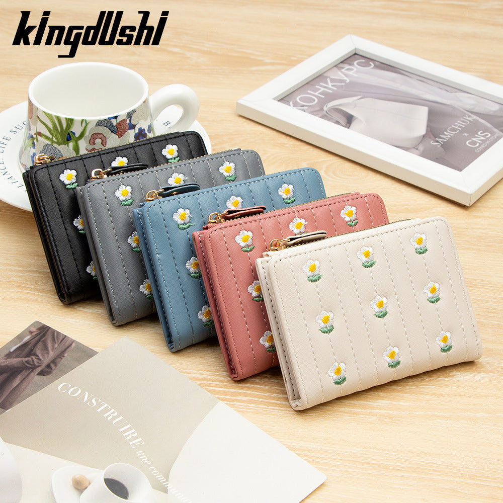 Women's Korean Style Cute Embroidered Simple Short Two Ladies Wallet