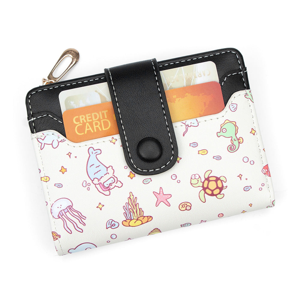 Fashion Cartoon Printed Large Capacity Zipper Female Two Fold Multiple Card Holder