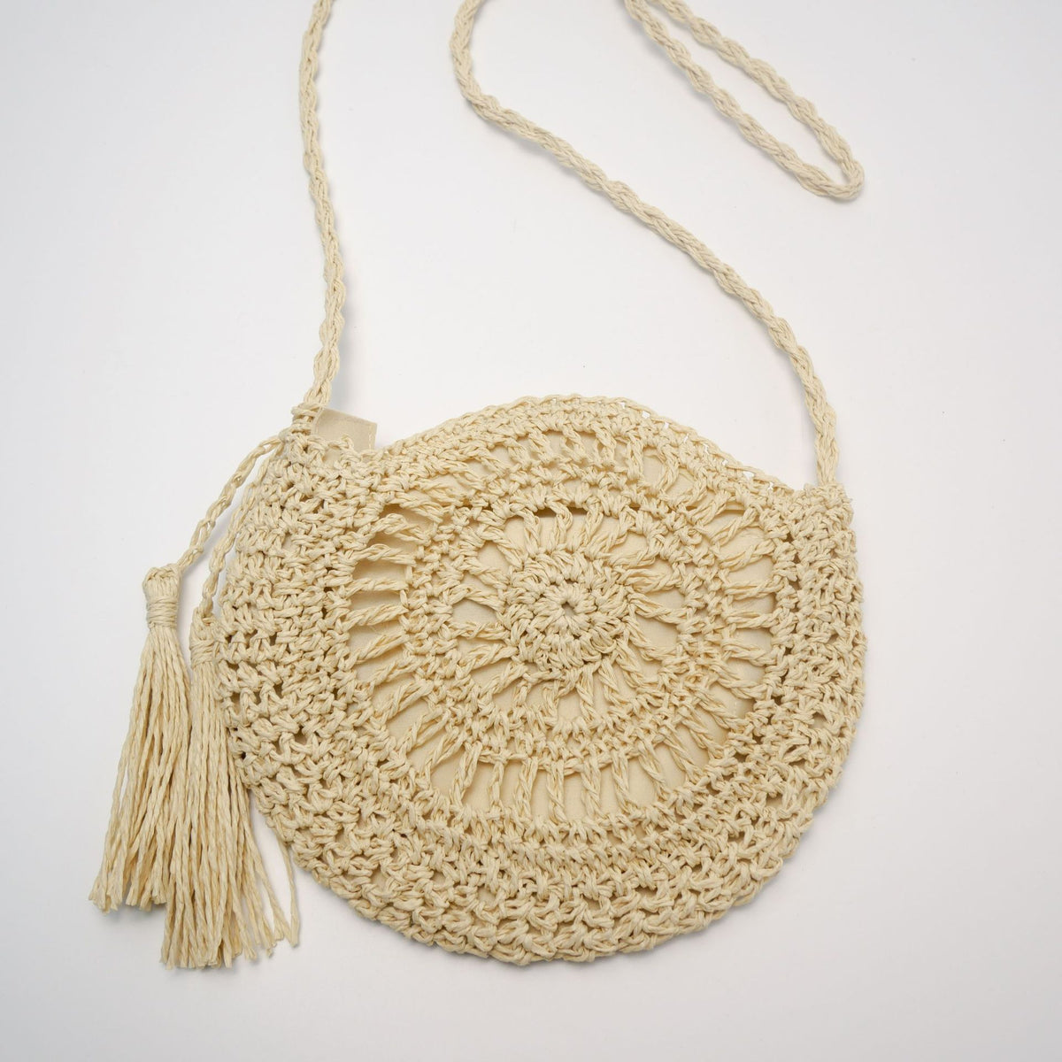 Women's Crochet Woven Hollow Straw Round Tassel Bags