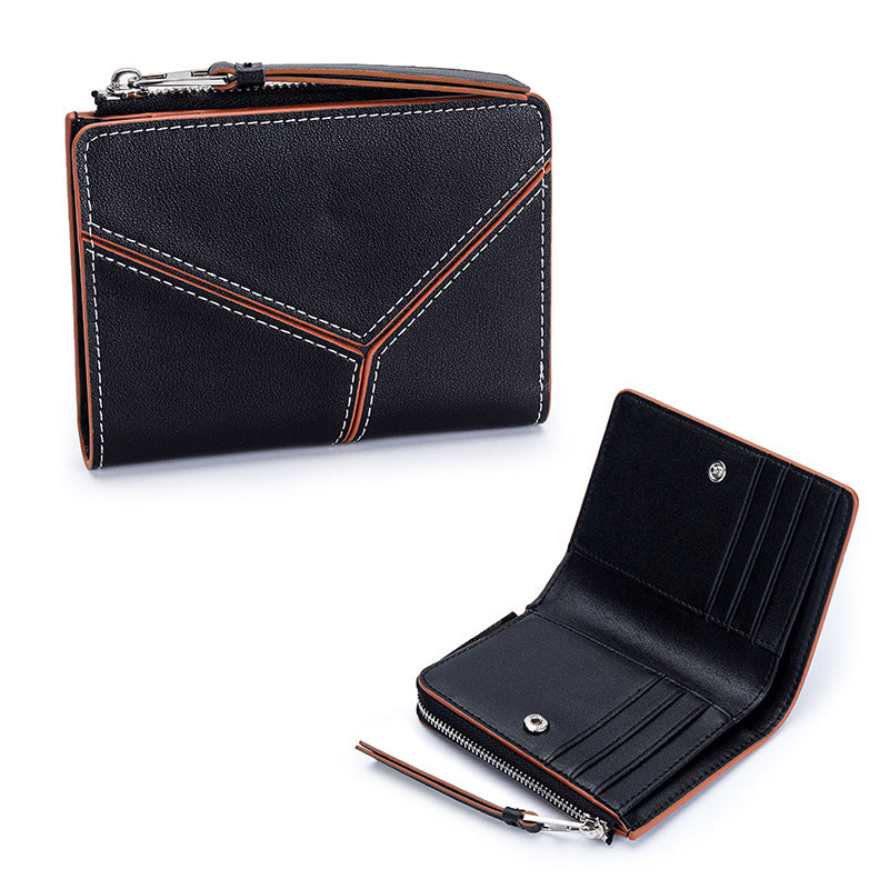 Women's Cowhide Short Stitching Fold Genuine Leather Ladies Wallet