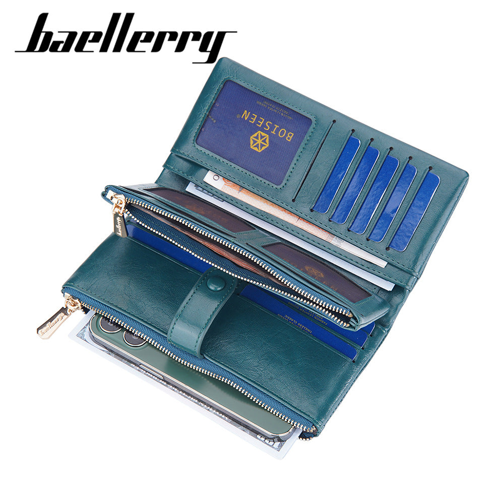 Women's Long Oil Wax Leather With Double Coin Purses