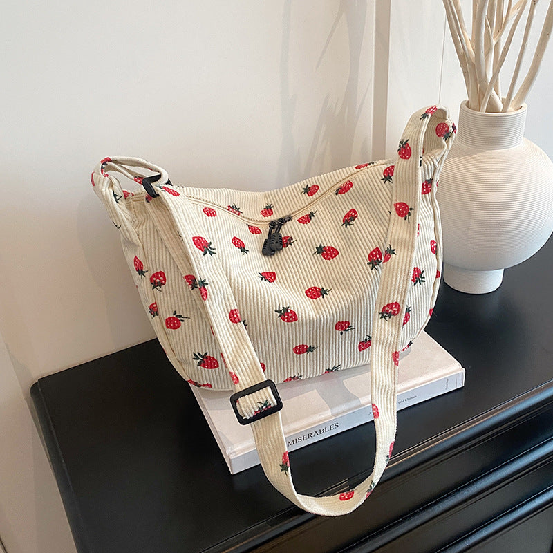 Trendy Female Strawberry Corduroy Large Capacity Shoulder Bags