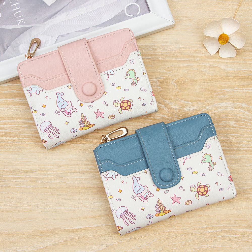 Fashion Cartoon Printed Large Capacity Zipper Female Two Fold Multiple Card Holder