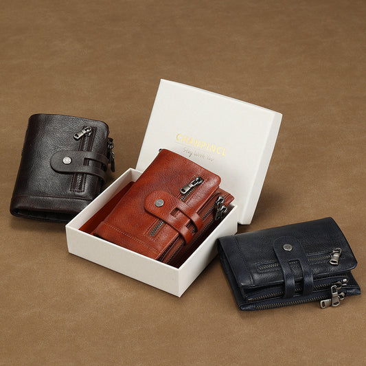 Men's Color First Layer Cowhide Double Zipper Multiple Slots Men's Wallets