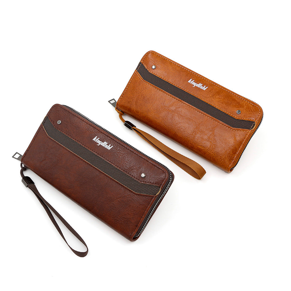 Men's Direct Wholesale Long Leather Patchwork Vintage Zipper Phone Bags