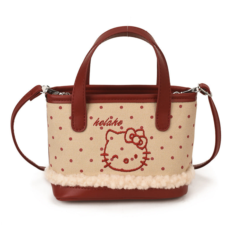 Women's Korean Style Cartoon Fashion Trendy Lamb Wool Cute Cat Embroidery Bags