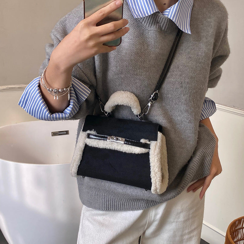 Women's Fashion Lamb Wool Stitching Kelly Versatile Women's Shoulder Bag