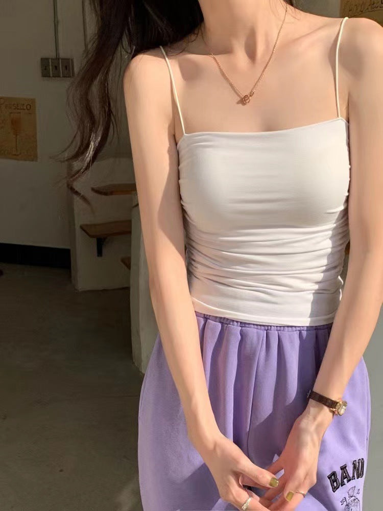 Pleated Ice Silk Tube Top Fixed Cup Mid-length Tanks Camis