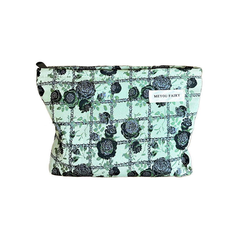 Plaid Rose Blackish Green Series Jacquard Canvas Large Capacity Artistic Makeup Bag