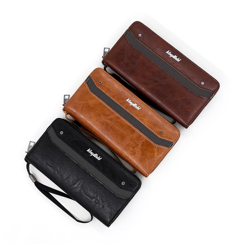 Men's Direct Wholesale Long Leather Patchwork Vintage Zipper Phone Bags