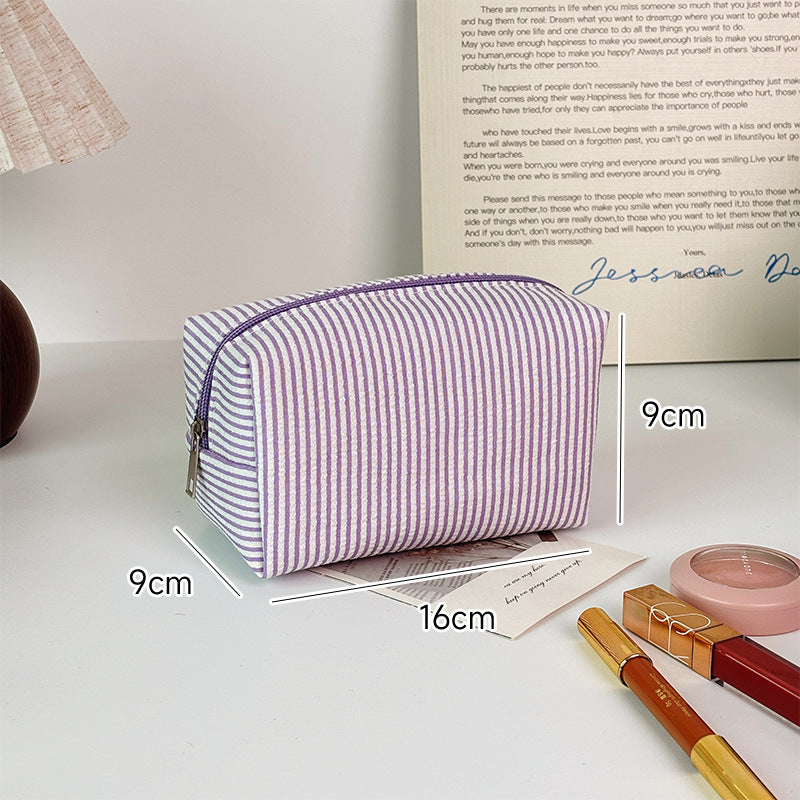 Striped Make-up Large Capacity Seersucker Embroidered Portable Out Makeup Bag