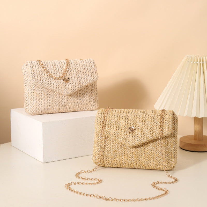 Women's Style Trendy Straw Flip Magnetic Snap Small Square Bags