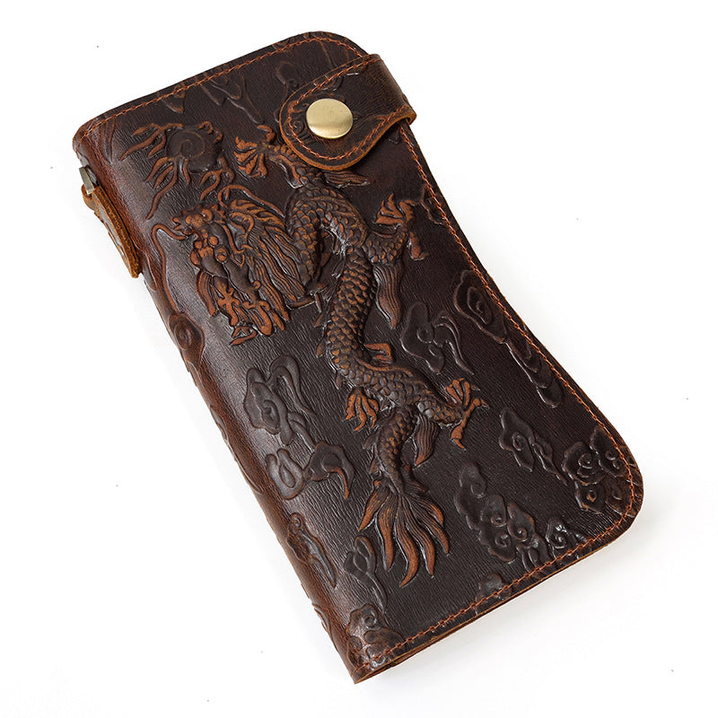 Men's Long Genuine Leather Crazy Horse Dragon Pattern Iron Chain Men's Wallet