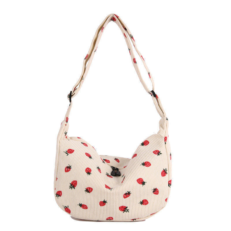 Trendy Female Strawberry Corduroy Large Capacity Shoulder Bags