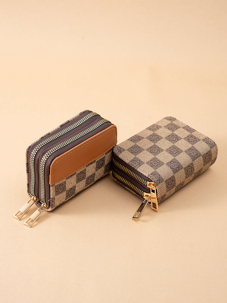 Women's Stitching Color Double Zipper Expanding Retro Card Holder