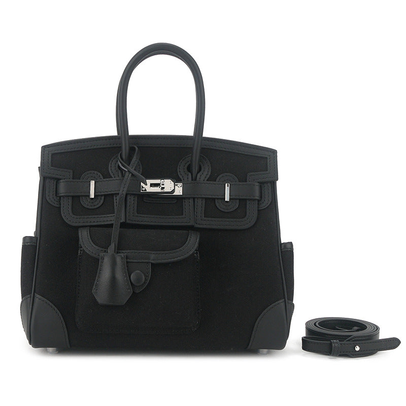 Canvas Cowhide Pocket Fashion Large Capacity Women's Shoulder Bag