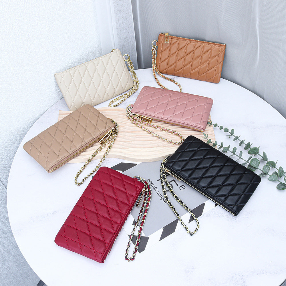 Women's Sheepskin Classic Style Clutch Diamond Chain Storage Leather Bags