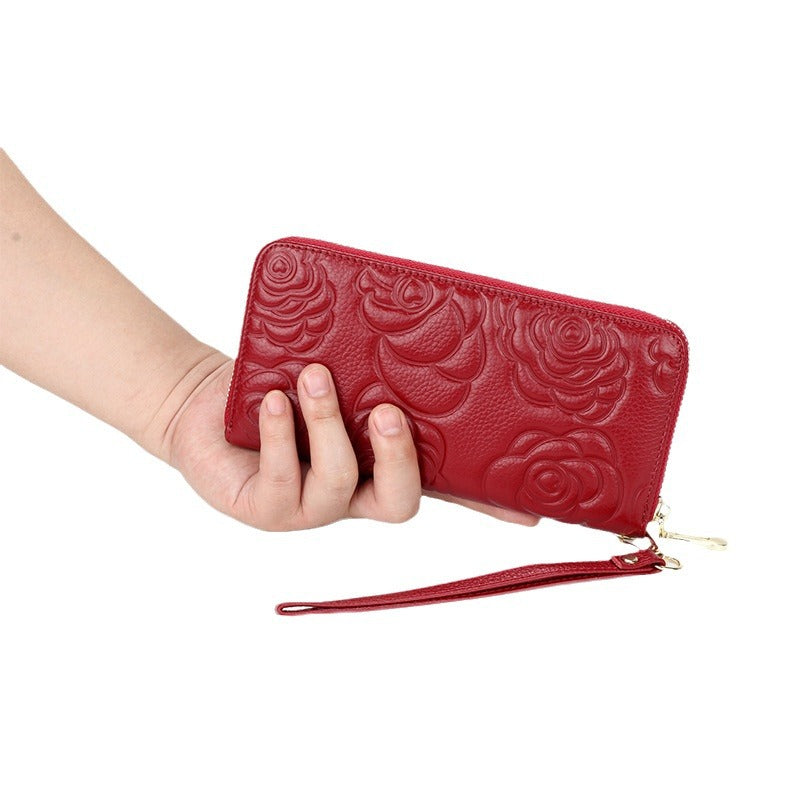 Women's Camellia Long Leather Zipper Soft Hand Bags