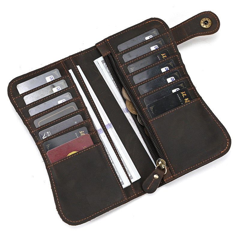 Men's Long Genuine Leather Crazy Horse Dragon Pattern Iron Chain Men's Wallet