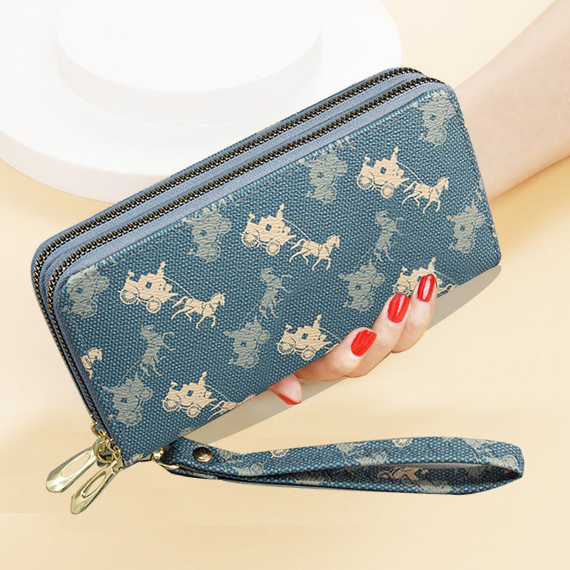 Women's Double Zip Long Printed Clutch Mobile Phone Bags