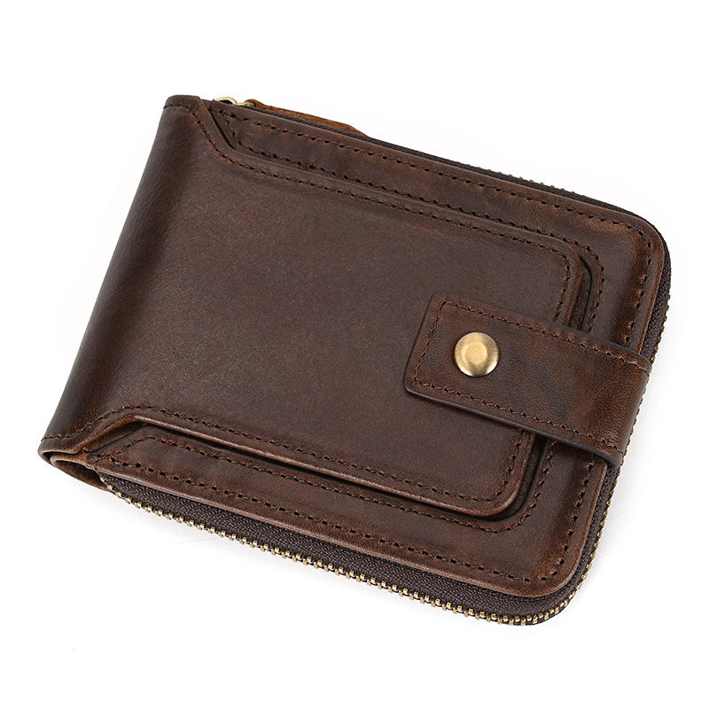 Men's Leather Snap Button Cowhide Zipper With Two Men's Wallet