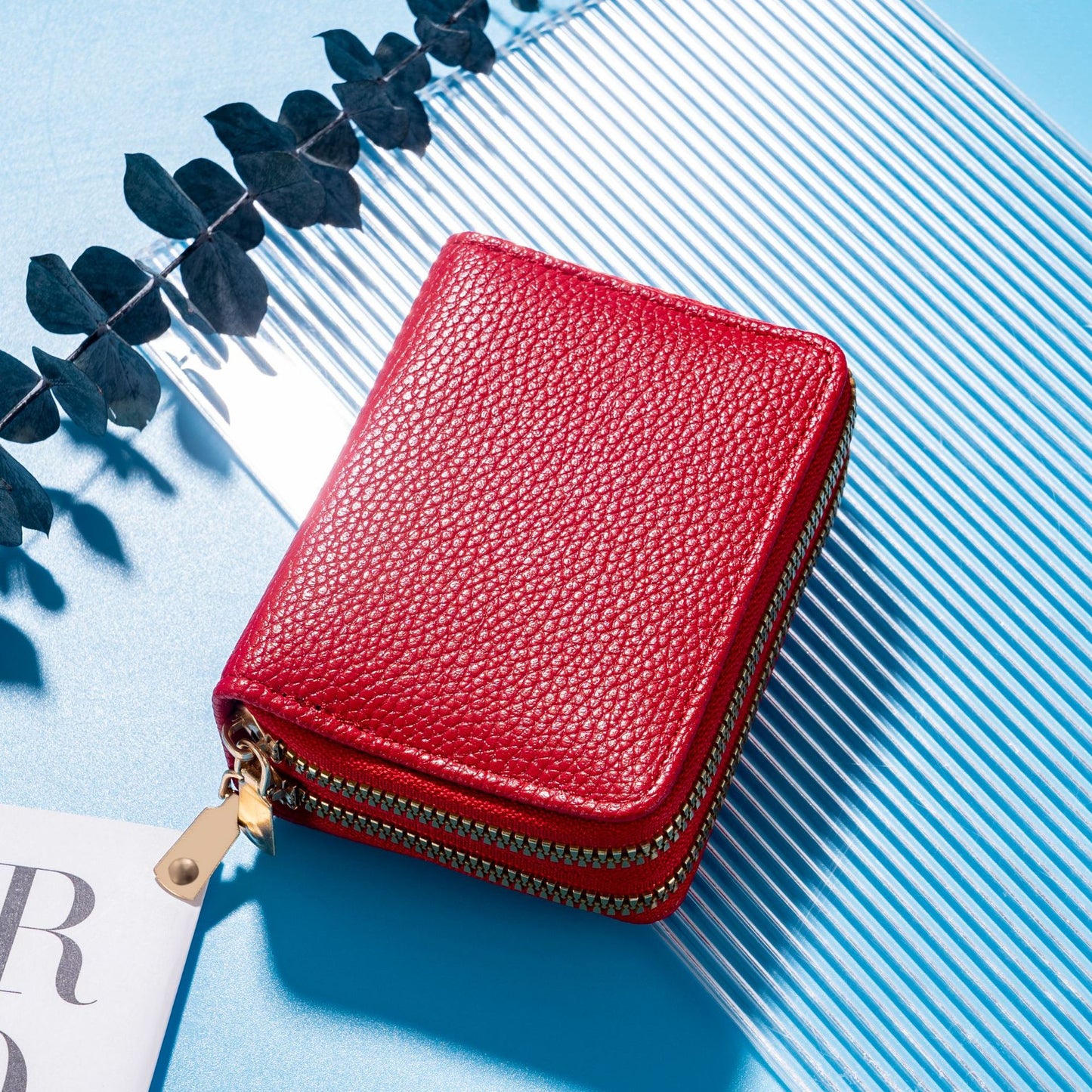 Women's Short Litchi Pattern Double Zipper Document Card Holder