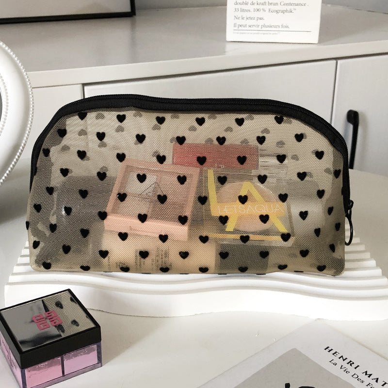 Flocking Pink Mesh Heart Portable Wash Cosmetic Bags