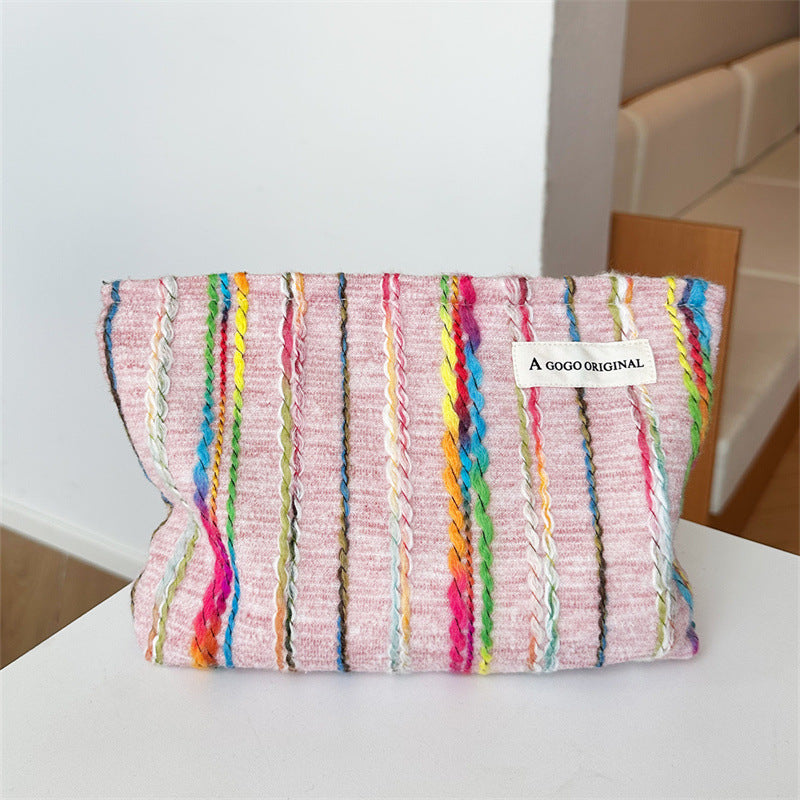 Striped Contrast Color Korean Style Canvas Three-dimensional Commuter Large Capacity Makeup Bag