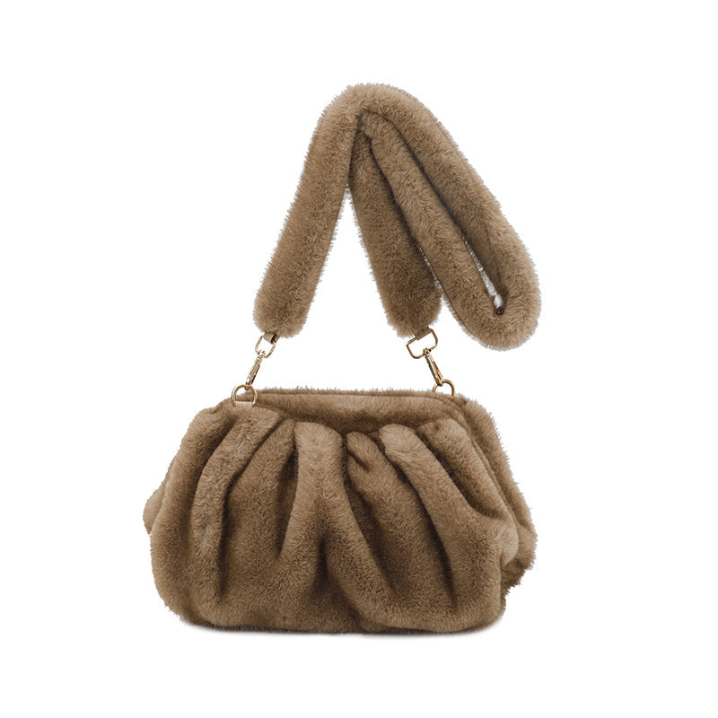 Women's Fashion Pleated Hand Carrying Plush Temperament Wild Popular One Shoulder Bags
