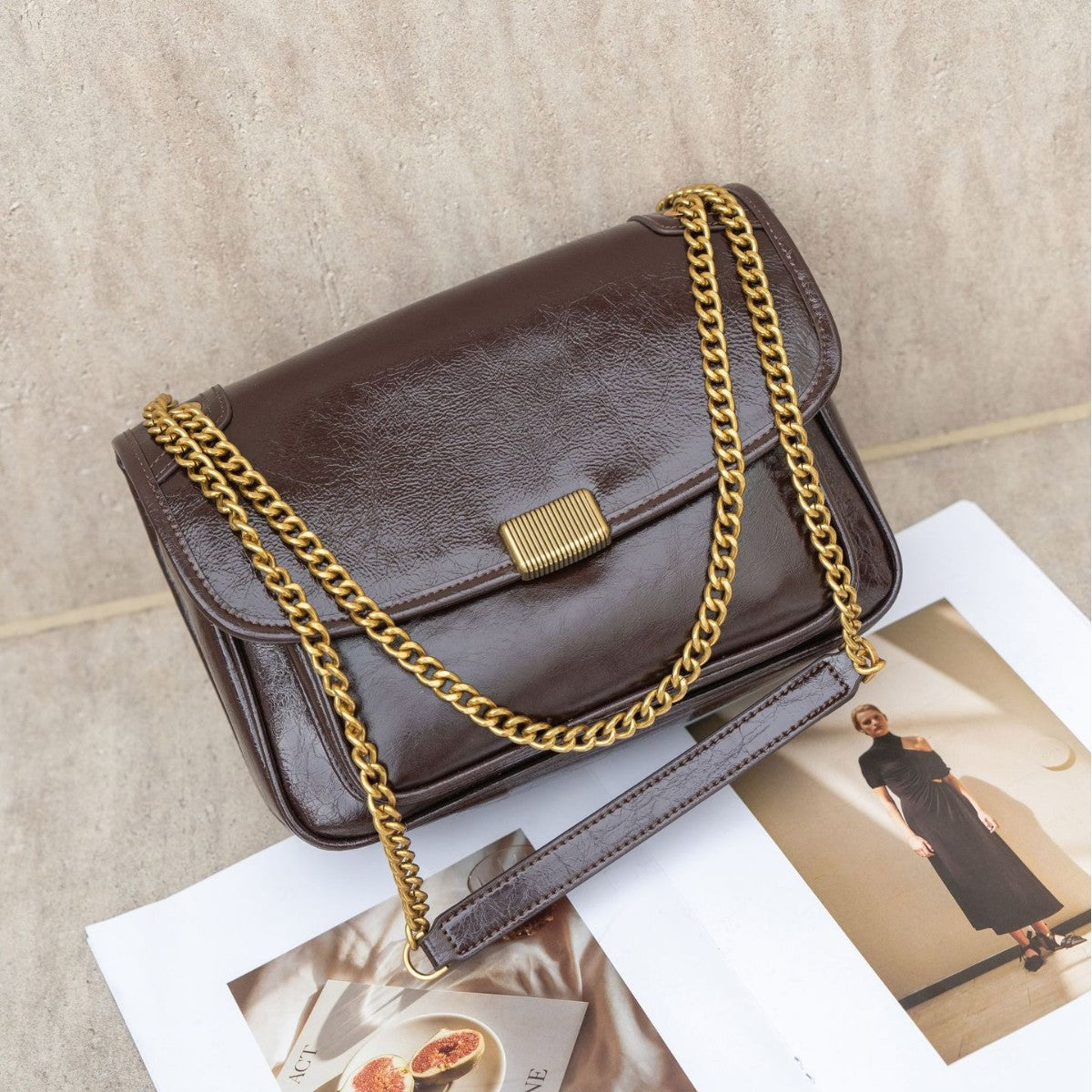 Women's Layer Oil Wax Leather Zip Soft Portable Bright Crack Bags