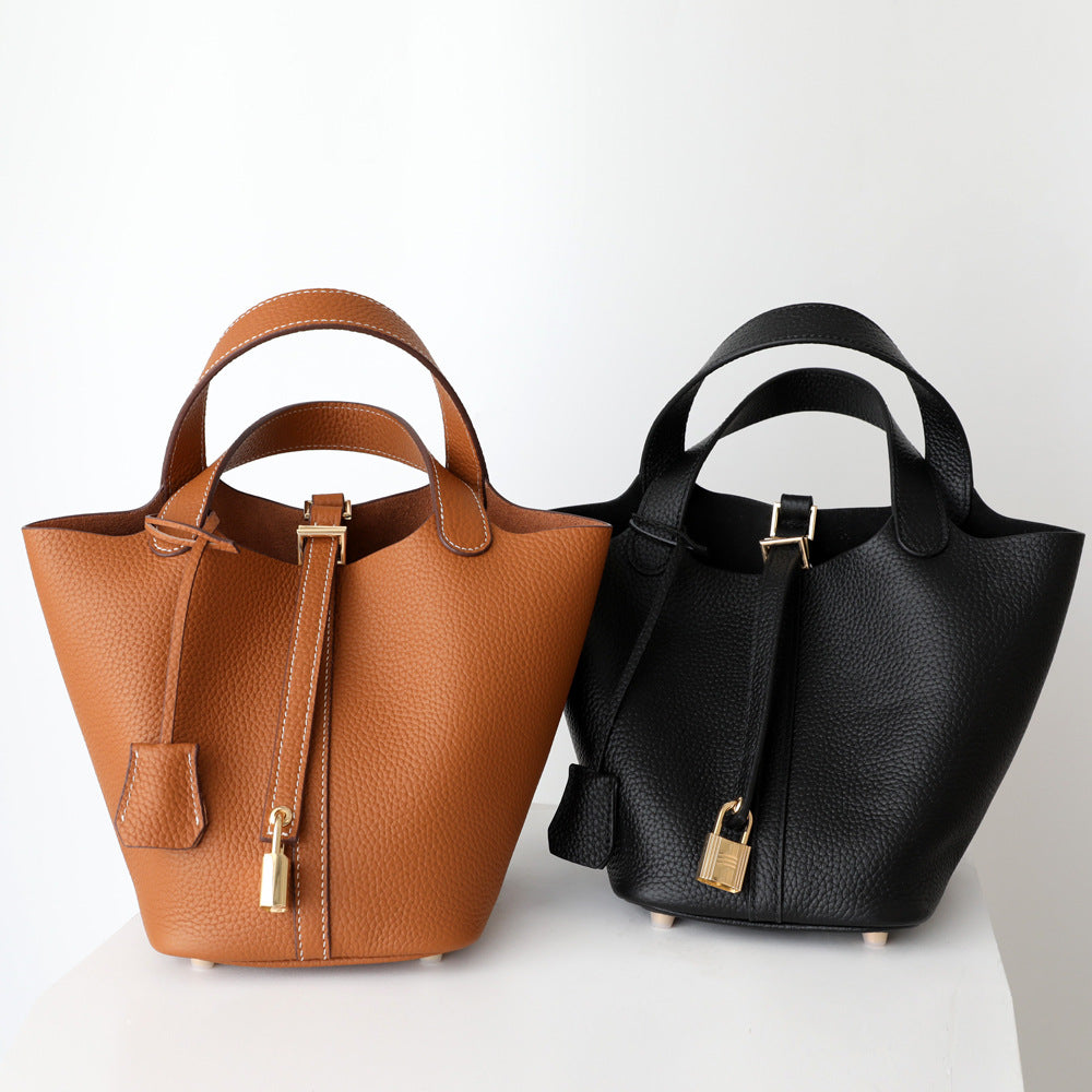 Women's Vegetable Basket Genuine Leather Commuter Lychee Pattern Handbags