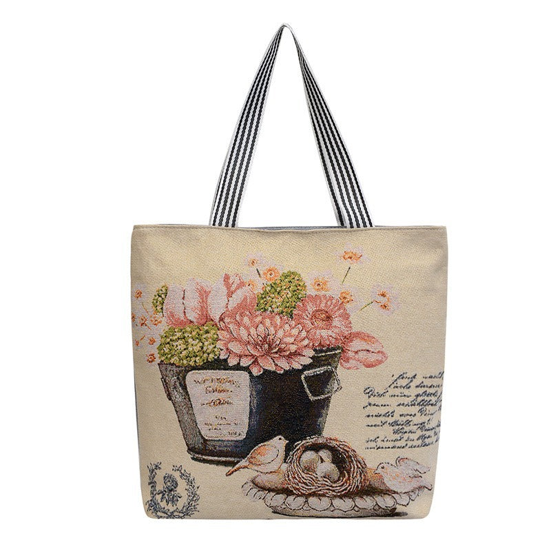 Women's Large Capacity Totes Gold Silk Embroidered Canvas Creative Women's Shoulder Bag