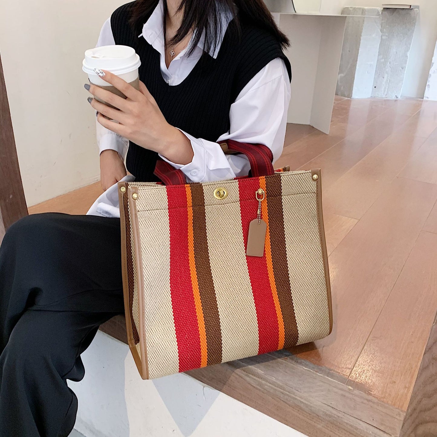 Elegant Women's Fashionable Canvas Striped Broadband Handbags