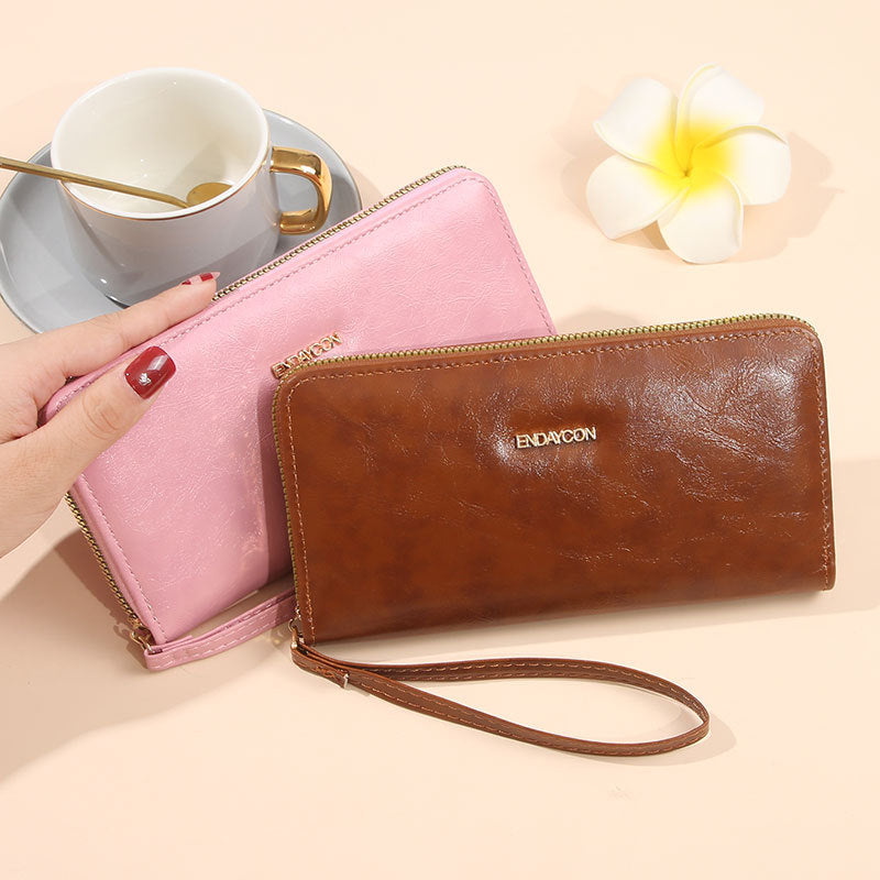 Women's Long Oil Wax Leather Fashion Large Capacity Simple Zipper Ladies Wallet