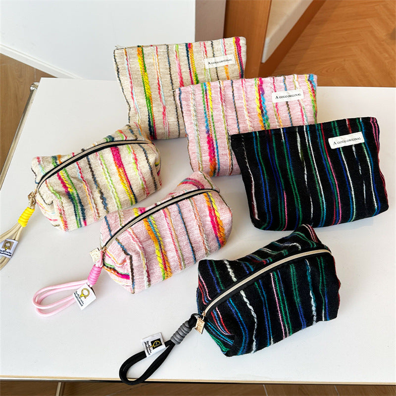 Striped Contrast Color Korean Style Canvas Three-dimensional Commuter Large Capacity Makeup Bag
