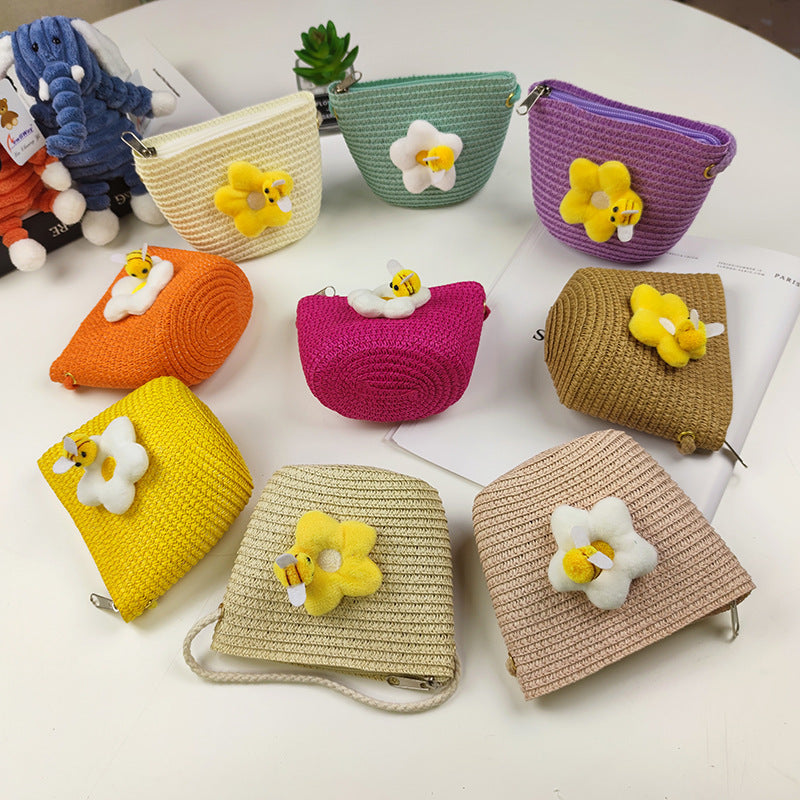 Children's Mini Straw Flower Woven Little Coin Purses